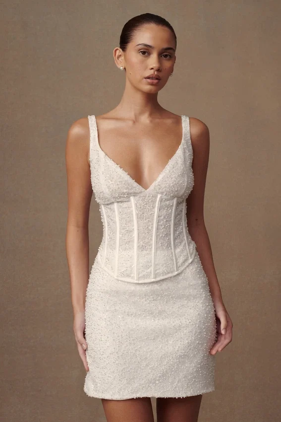 Elsie Pearl Beaded Bustier Top – White Elsie Pearl Beaded Bustier Top – White