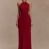 Elyna Slinky Halter Maxi Dress – Deep Red