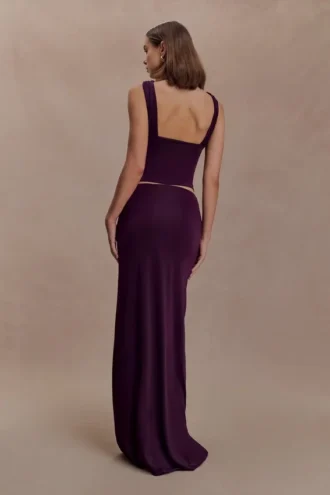 Erina Slinky Ruched Maxi Skirt With Hardware – Aubergine Erina Slinky Ruched Maxi Skirt With Hardware – Aubergine