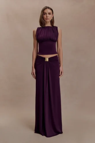Erina Slinky Ruched Maxi Skirt With Hardware – Aubergine Erina Slinky Ruched Maxi Skirt With Hardware – Aubergine