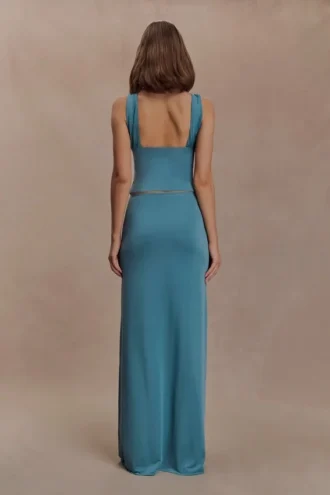 Erina Slinky Ruched Maxi Skirt With Hardware – Teal Erina Slinky Ruched Maxi Skirt With Hardware – Teal
