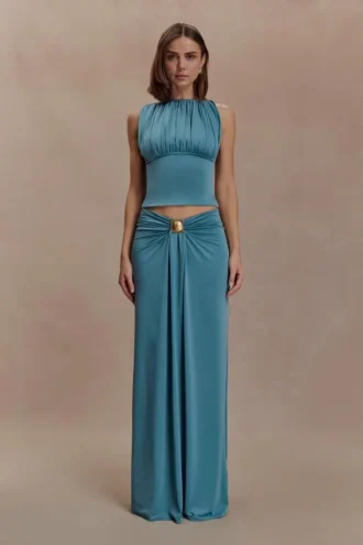 Erina Slinky Ruched Maxi Skirt With Hardware – Teal Erina Slinky Ruched Maxi Skirt With Hardware – Teal