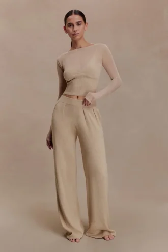 Frannie Gathered Silk Blend Knit Pants – Sand