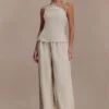 Gabby Asymmetrical Neckline Linen Beaded Top – Natural Gabby Asymmetrical Neckline Linen Beaded Top – Natural