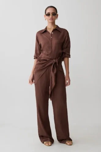 Gia Wrapped Tie Satin Pants – Chocolate Gia Wrapped Tie Satin Pants – Chocolate
