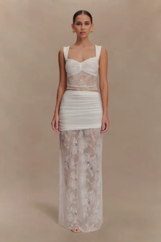 Guinevere Lace And Mesh Maxi Skirt – Ivory