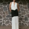 Hailee Slinky And Mesh Halter Maxi Dress – Black/White Hailee Slinky And Mesh Halter Maxi Dress – Black/White
