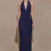 Harriet Halter Neck Diamante Maxi Dress – Navy