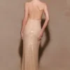 Harriet Halter Neck Diamante Maxi Dress – Sandy Gold Harriet Halter Neck Diamante Maxi Dress – Sandy Gold