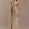 Harriet Halter Neck Diamante Maxi Dress – Sandy Gold Harriet Halter Neck Diamante Maxi Dress – Sandy Gold