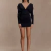 Hayden Long Sleeve Plunge Mini Dress – Black
