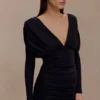 Hayden Long Sleeve Plunge Mini Dress – Black