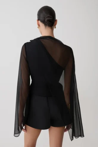 Ida Sheer Asymmetrical Long Sleeve Cape – Black