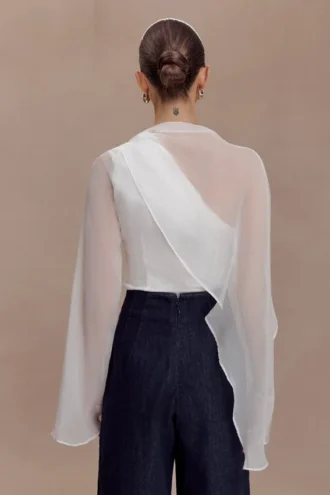 Ida Sheer Asymmetrical Long Sleeve Cape – White