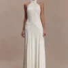 Indira Gathered Slinky Halter Maxi Dress – Ivory