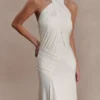 Indira Gathered Slinky Halter Maxi Dress – Ivory