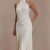 Indira Gathered Slinky Halter Maxi Dress – Ivory