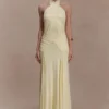 Indira Gathered Slinky Halter Maxi Dress – Lemon Indira Gathered Slinky Halter Maxi Dress – Lemon