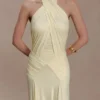 Indira Gathered Slinky Halter Maxi Dress – Lemon Indira Gathered Slinky Halter Maxi Dress – Lemon