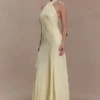Indira Gathered Slinky Halter Maxi Dress – Lemon Indira Gathered Slinky Halter Maxi Dress – Lemon