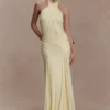 Indira Gathered Slinky Halter Maxi Dress – Lemon Indira Gathered Slinky Halter Maxi Dress – Lemon