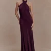 Indira Gathered Slinky Halter Maxi Dress – Mahogany Indira Gathered Slinky Halter Maxi Dress – Mahogany