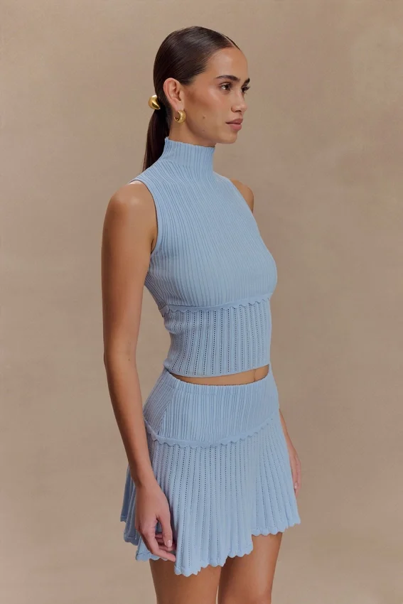 Indy Pointelle Knit Mini Skirt – Cornflower Blue Indy Pointelle Knit Mini Skirt – Cornflower Blue