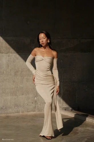 Ingrid Metallic Knit Maxi Dress – Bronze