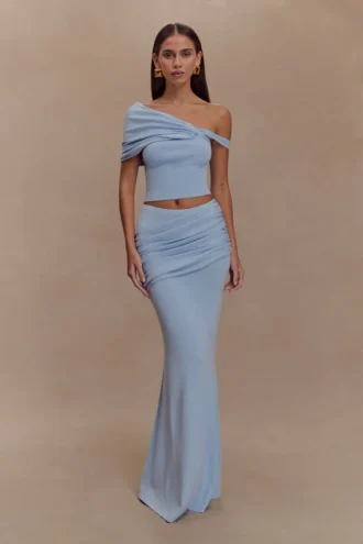 Irene Gathered Knit Maxi Skirt – Blue Irene Gathered Knit Maxi Skirt – Blue