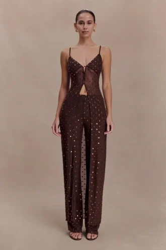 Jackie Longline Diamante Top – Chocolate