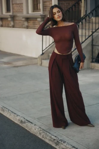 Jacqueline Pleated Wide Leg Pants – Mahogany