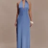 Jade Satin Halter Maxi Dress – Steel Blue