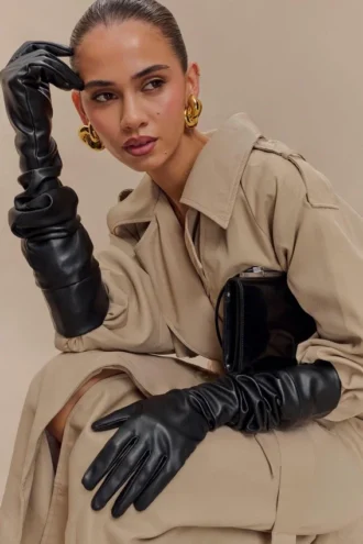 Jasper Faux Leather Elbow Length Gloves – Black