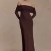 Josie Off Shoulder Mesh Maxi Dress – Dark Brown Josie Off Shoulder Mesh Maxi Dress – Dark Brown