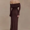 Josie Off Shoulder Mesh Maxi Dress – Dark Brown Josie Off Shoulder Mesh Maxi Dress – Dark Brown