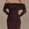 Josie Off Shoulder Mesh Maxi Dress – Dark Brown Josie Off Shoulder Mesh Maxi Dress – Dark Brown