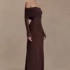 Josie Off Shoulder Mesh Maxi Dress – Dark Brown Josie Off Shoulder Mesh Maxi Dress – Dark Brown