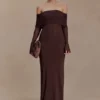 Josie Off Shoulder Mesh Maxi Dress – Dark Brown Josie Off Shoulder Mesh Maxi Dress – Dark Brown