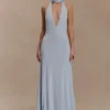 Juliet Slinky Maxi Dress With Scarf – Pale Blue Juliet Slinky Maxi Dress With Scarf – Pale Blue