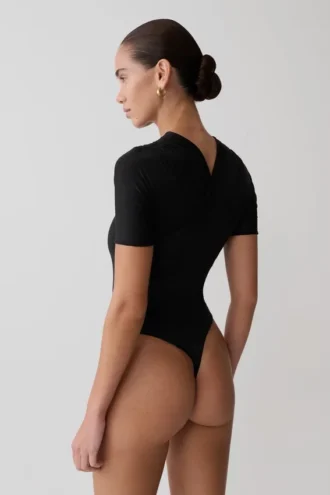Junie Shortsleeve Cross-Over Bodysuit – Black