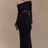 Kaitlin One Shoulder Slinky And Mesh Maxi Dress – Black Kaitlin One Shoulder Slinky And Mesh Maxi Dress – Black