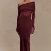 Kaitlin One Shoulder Slinky And Mesh Maxi Dress – Burgundy Kaitlin One Shoulder Slinky And Mesh Maxi Dress – Burgundy