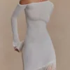 Kayden Fringe Off Shoulder Knit Mini Dress – Ivory Kayden Fringe Off Shoulder Knit Mini Dress – Ivory