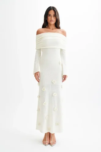 Kiki Off Shoulder Knit Rose Maxi Dress – Ivory