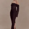 Kirsten Off Shoulder Chiffon Maxi Dress – Cacao Brown Kirsten Off Shoulder Chiffon Maxi Dress – Cacao Brown