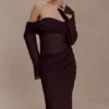 Kirsten Off Shoulder Chiffon Maxi Dress – Cacao Brown Kirsten Off Shoulder Chiffon Maxi Dress – Cacao Brown