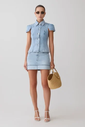 Lakoda Cuffed Denim Mini Skirt – Washed Light Blue Lakoda Cuffed Denim Mini Skirt – Washed Light Blue