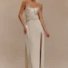 Larissa Satin Maxi Dress With Ruched Petals – Blush Gold Larissa Satin Maxi Dress With Ruched Petals – Blush Gold