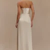 Larissa Satin Maxi Dress With Ruched Petals – Blush Gold Larissa Satin Maxi Dress With Ruched Petals – Blush Gold