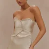 Larissa Satin Maxi Dress With Ruched Petals – Blush Gold Larissa Satin Maxi Dress With Ruched Petals – Blush Gold